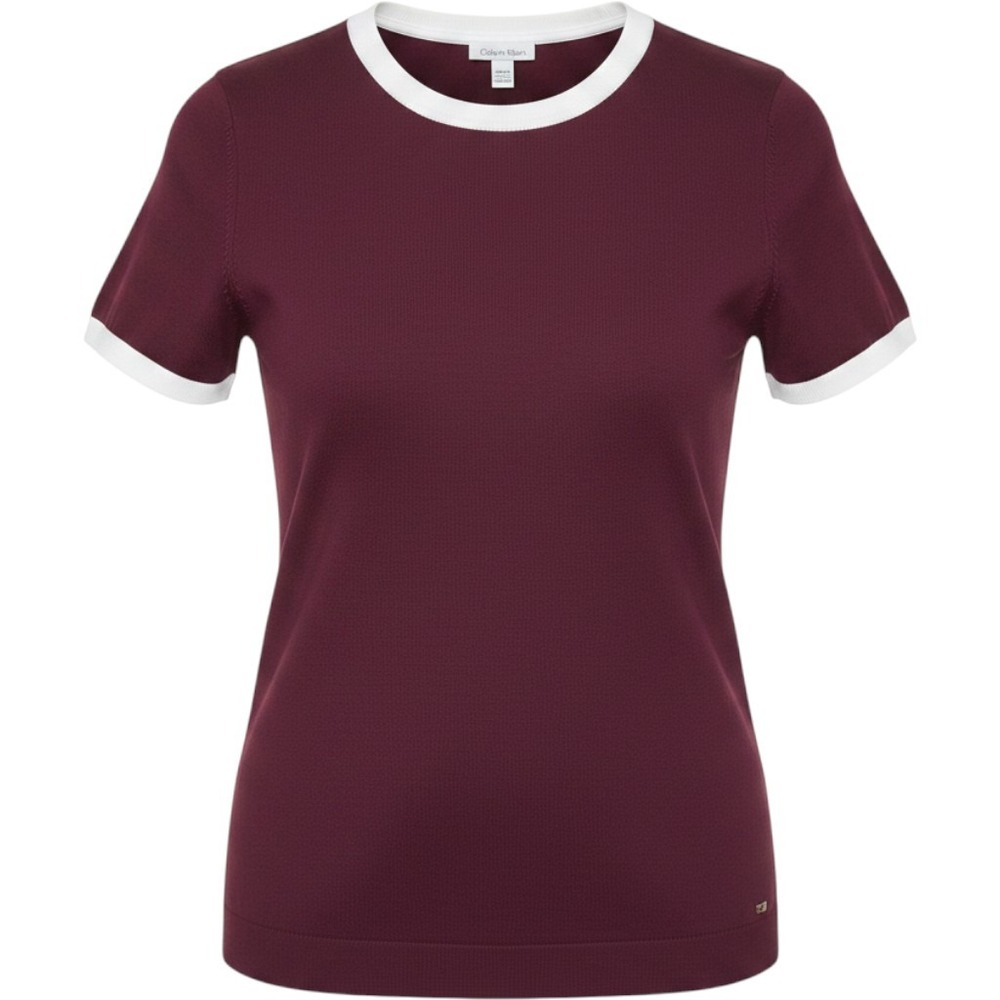 Calvin Klein Womens XL Preppy Plum Purple Ringer Short Sleeve Knit Sweater NEW